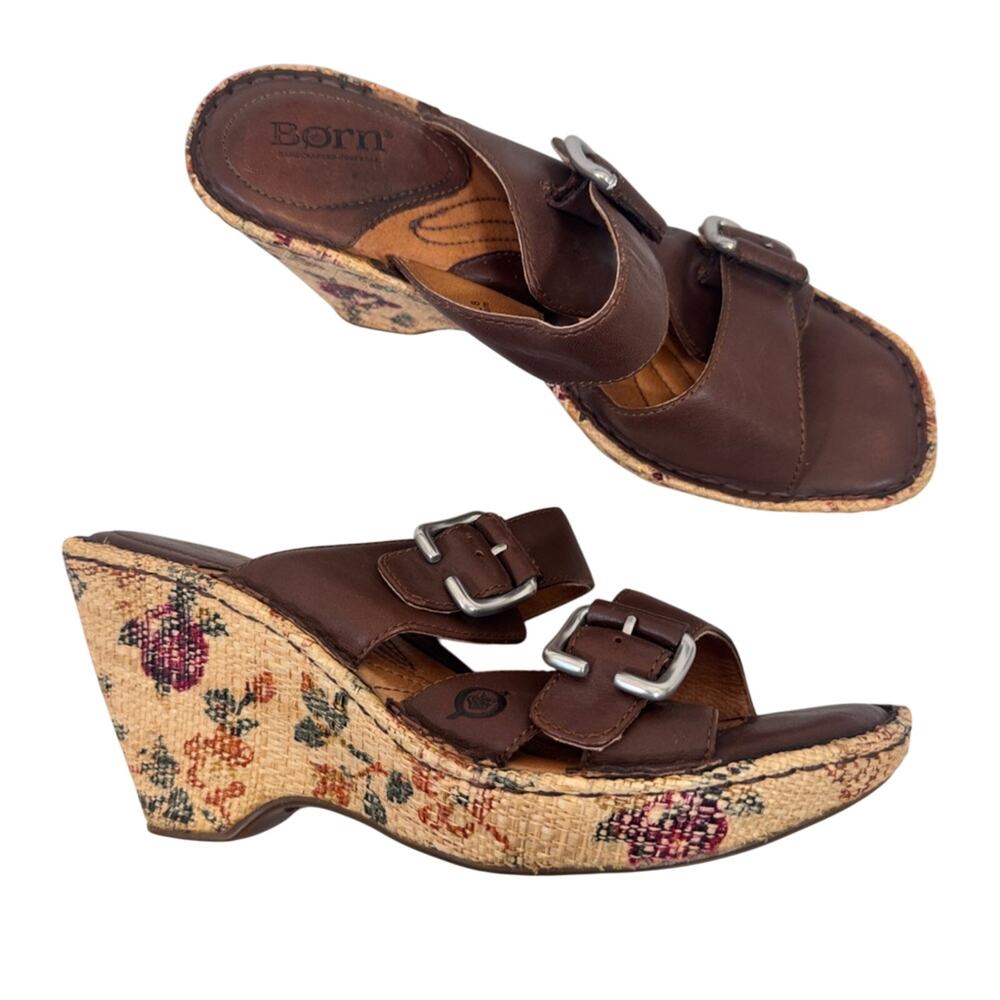 Born Brown Leather Tan Floral Wedge Mule Sandals Womens 9 Buckle Comfort Shoes